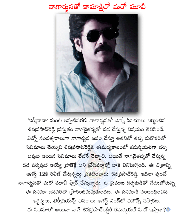 nagarjuna next movie in kamakshi movies,naga chaitanya in dhada,dhada releasing on 12th august,nagarjuna next movie will start in january,nagarjuna in rajanna shooting,nagarjuna latest movies details,nagarjuna in shirdi sai  nagarjuna next movie in kamakshi movies, naga chaitanya in dhada, dhada releasing on 12th august, nagarjuna next movie will start in january, nagarjuna in rajanna shooting, nagarjuna latest movies details, nagarjuna in shirdi sai